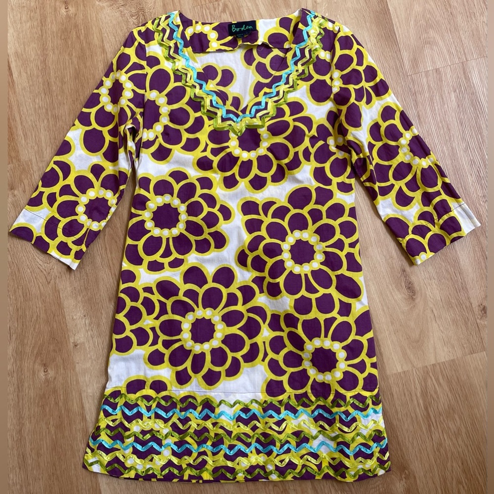 Boden shift dress Ibiza Kaftan Tunic Retro Floral rik rak trim UK 8/US 4